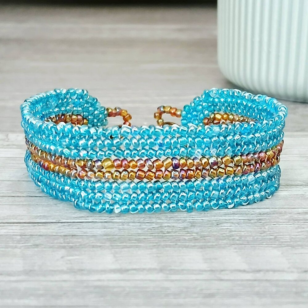 Blue & Brown Flat Herringbone Beaded Bracelet, 7.25"